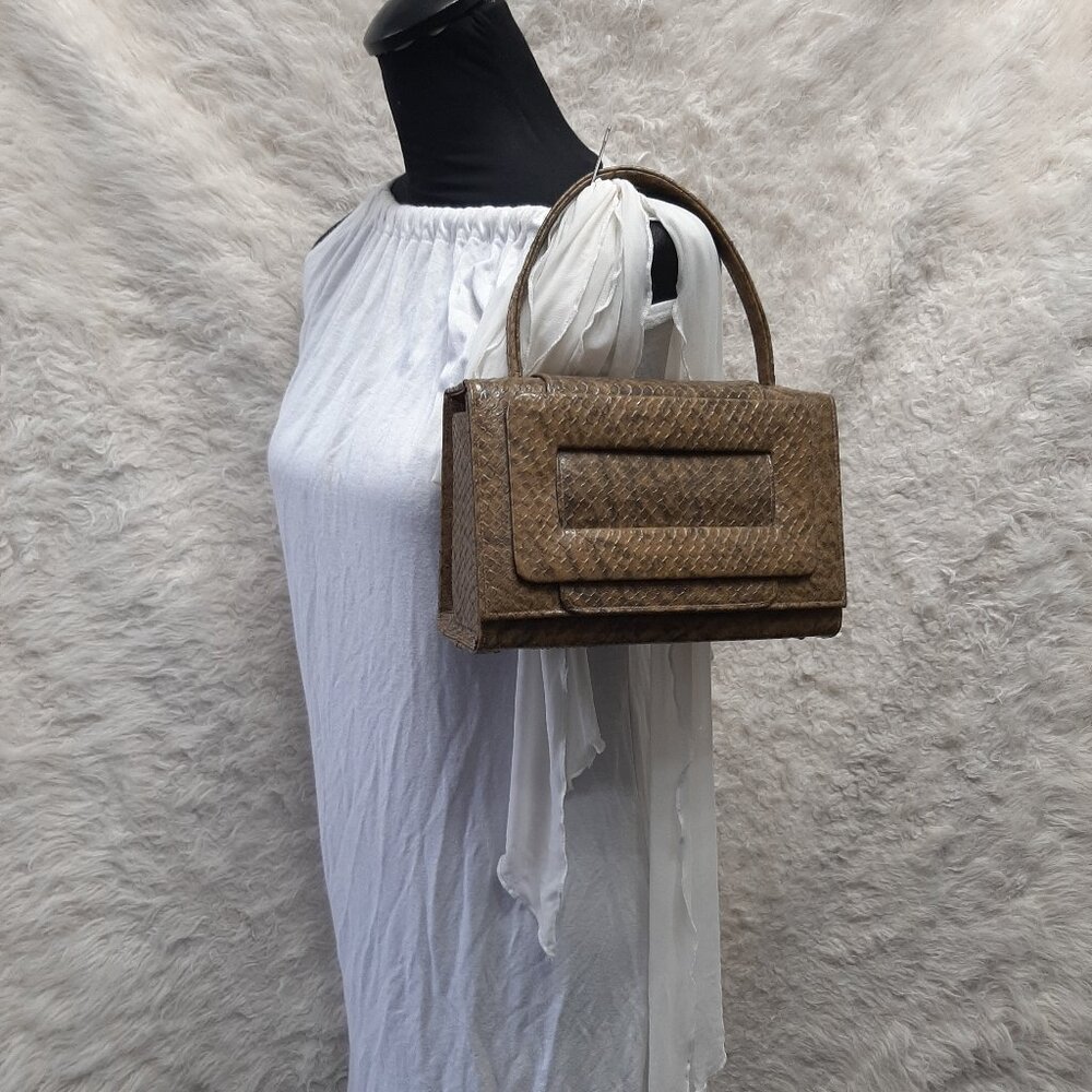 Vintage Beige Snake Skin Frame Top Handle Box Purse Handbag